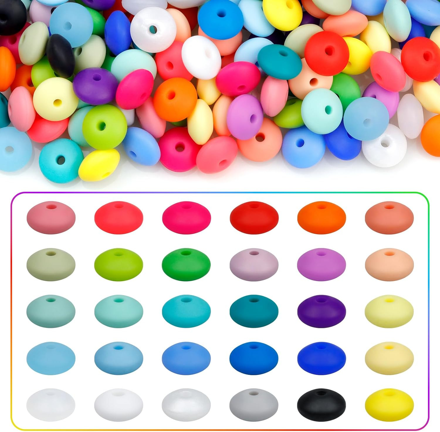 180PCS Silicone Lentil Beads,12mm 30 Colors Silicone Abacus Bead Bulk Loose Spa