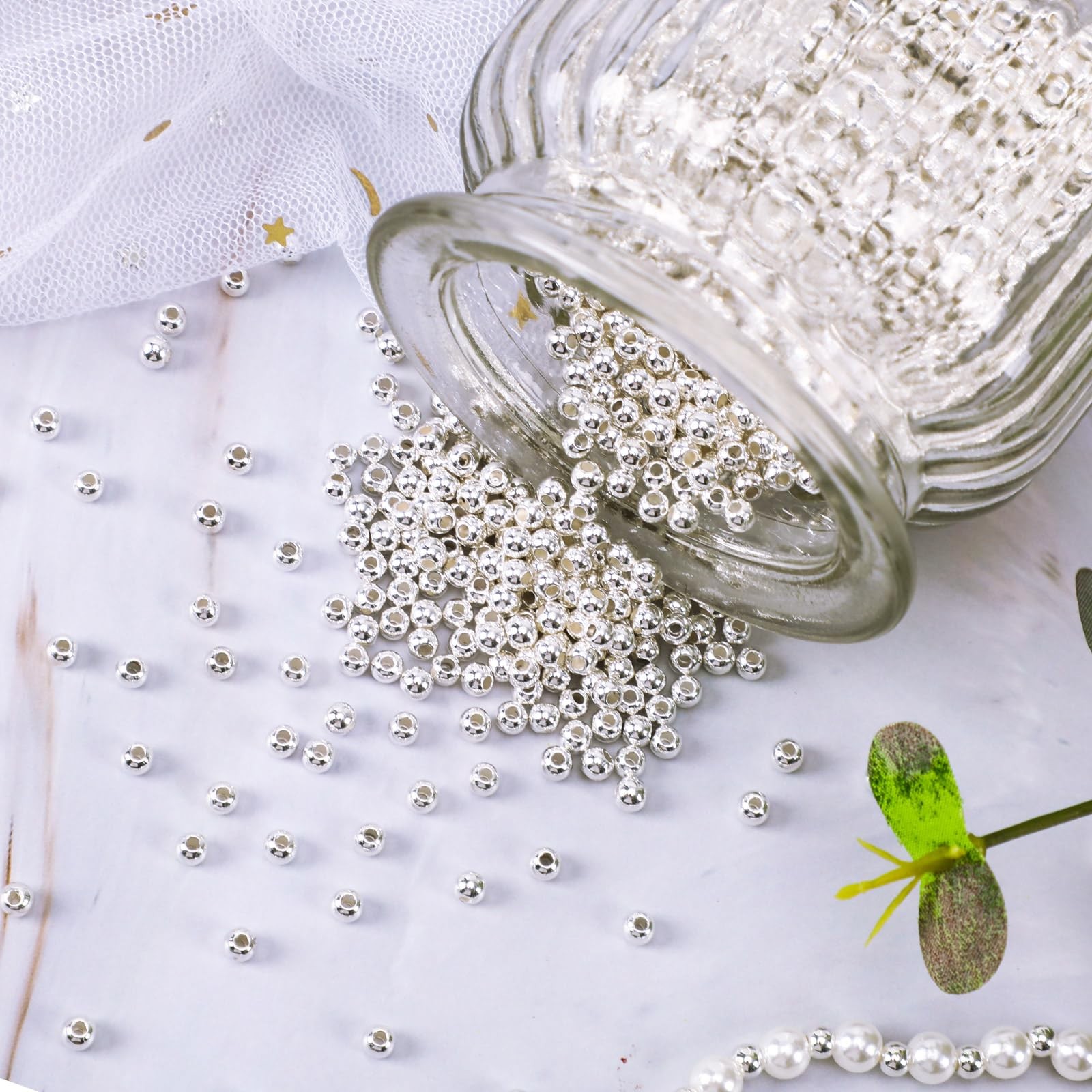 DECYOOL Small Silver Spacer Beads – 1200pcs, 4mm Smooth Round 4mm,