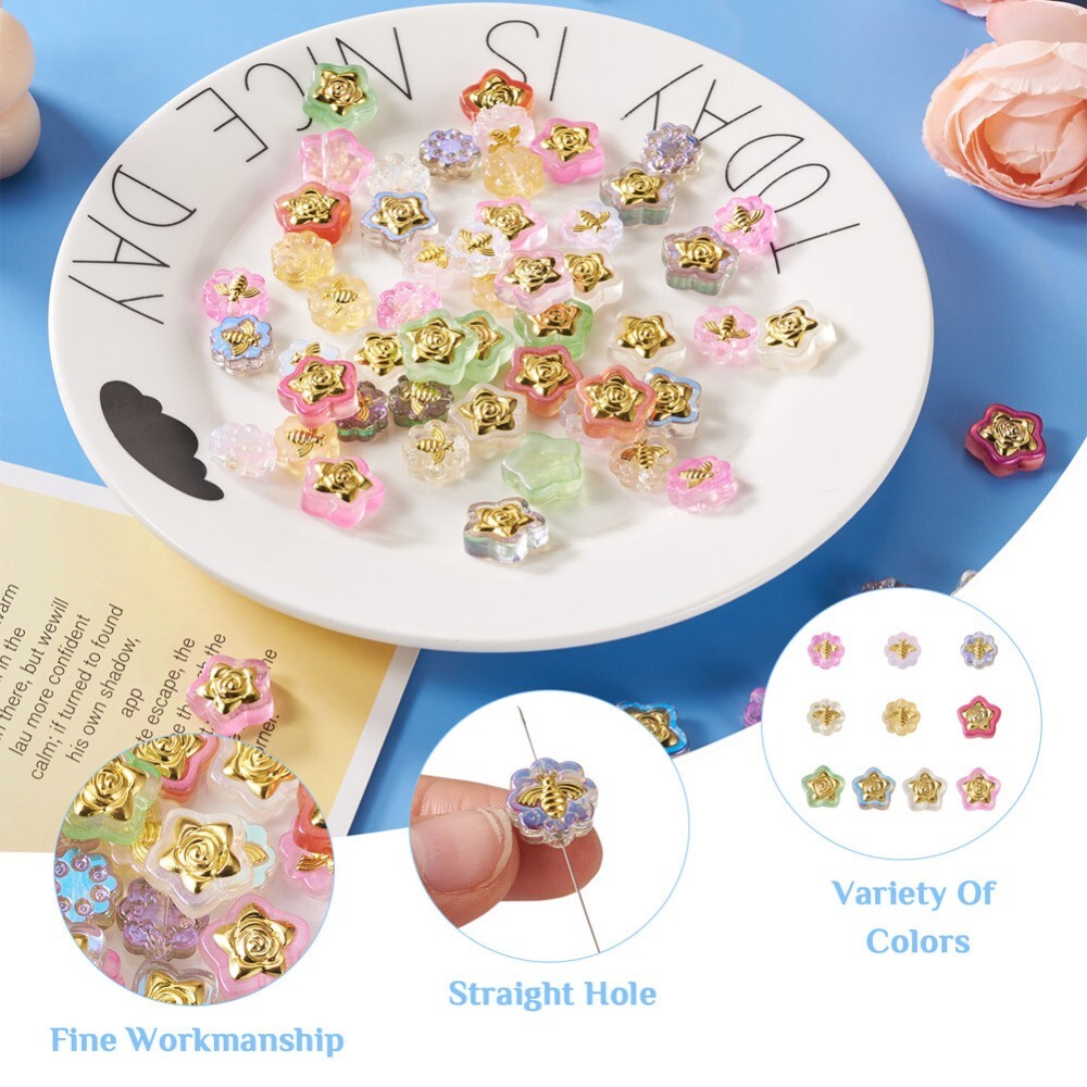 1Box Transparent Star Flower Bee Spray Painted Glass Beads with Glitter Powder