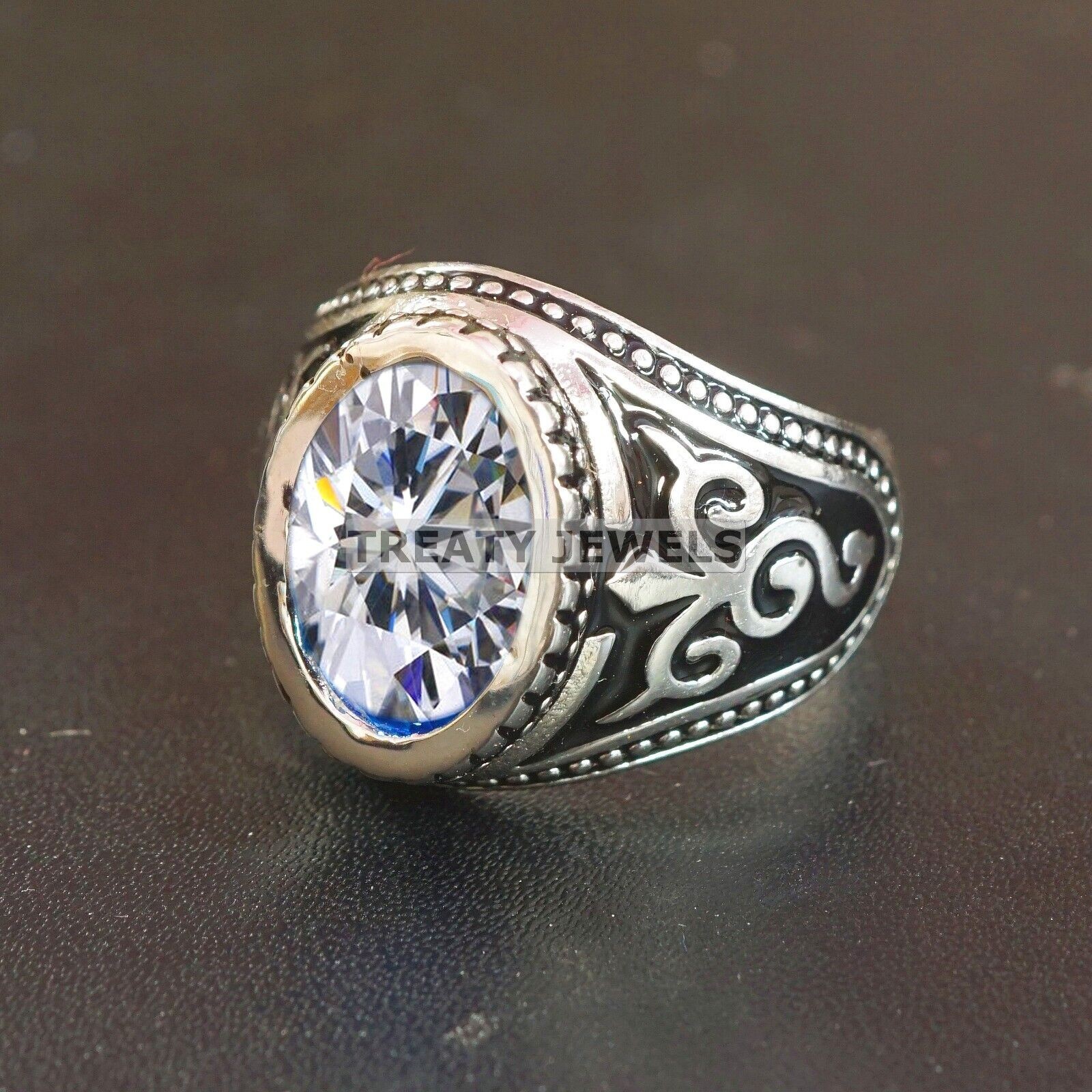 Moissanite Oval Cut Gemstone With Solid 14K White Gold Ring For Men’s #B291 #