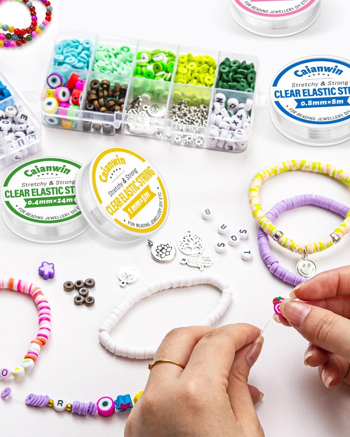 Elastic Bracelet String Cord Set 4 Rolls Stretchy Bracelet String 0.4mm 0.6mm 0.