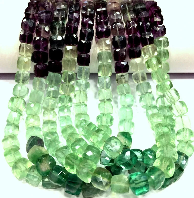 AAA QUALITY~Natural Rare Fluorite Faceted Cube Shape Beads Strand Gemstone Beads