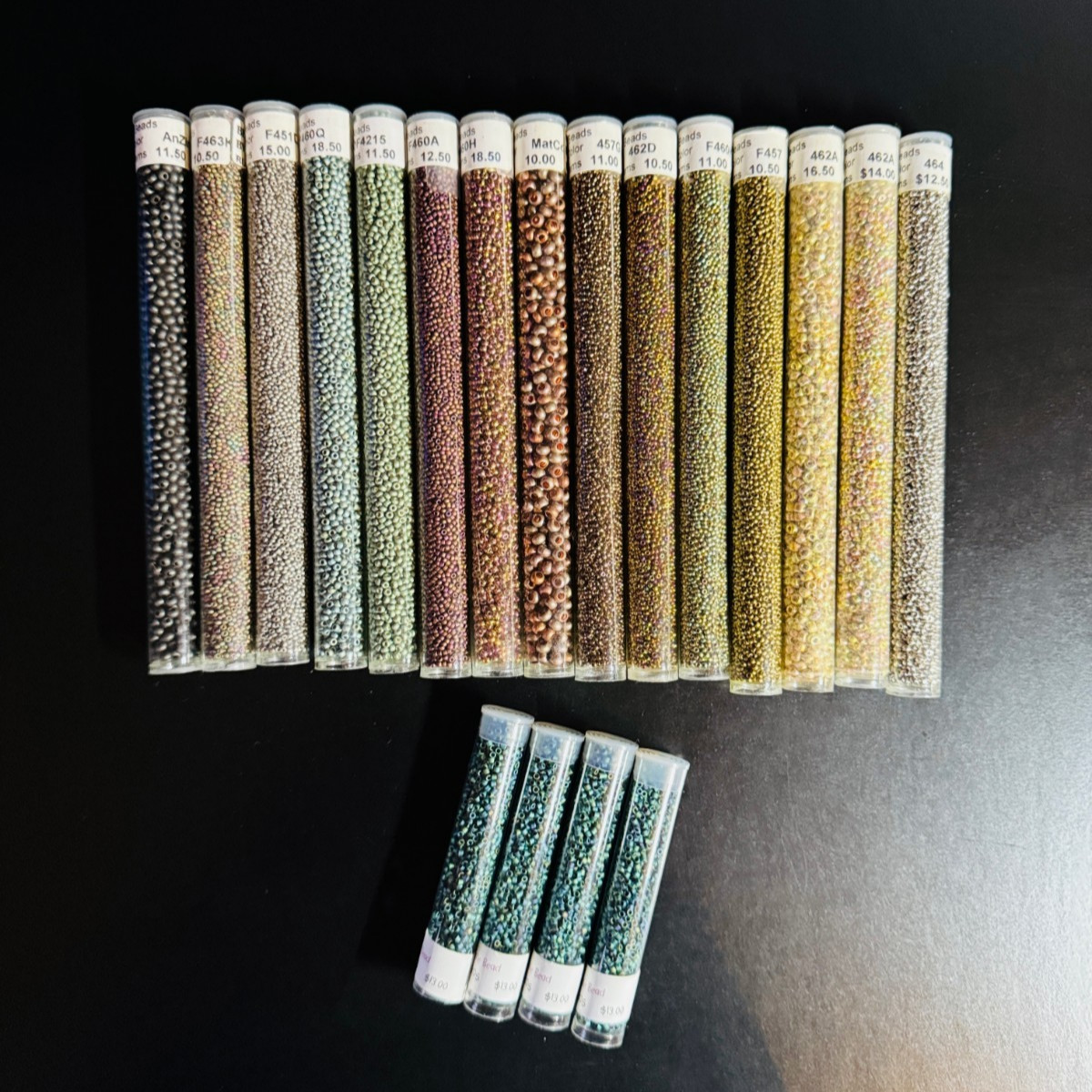 Glass Seed Bead Lot – 19 HQ Tubes – Iridescent Earth Tones – Different Sizes NOS