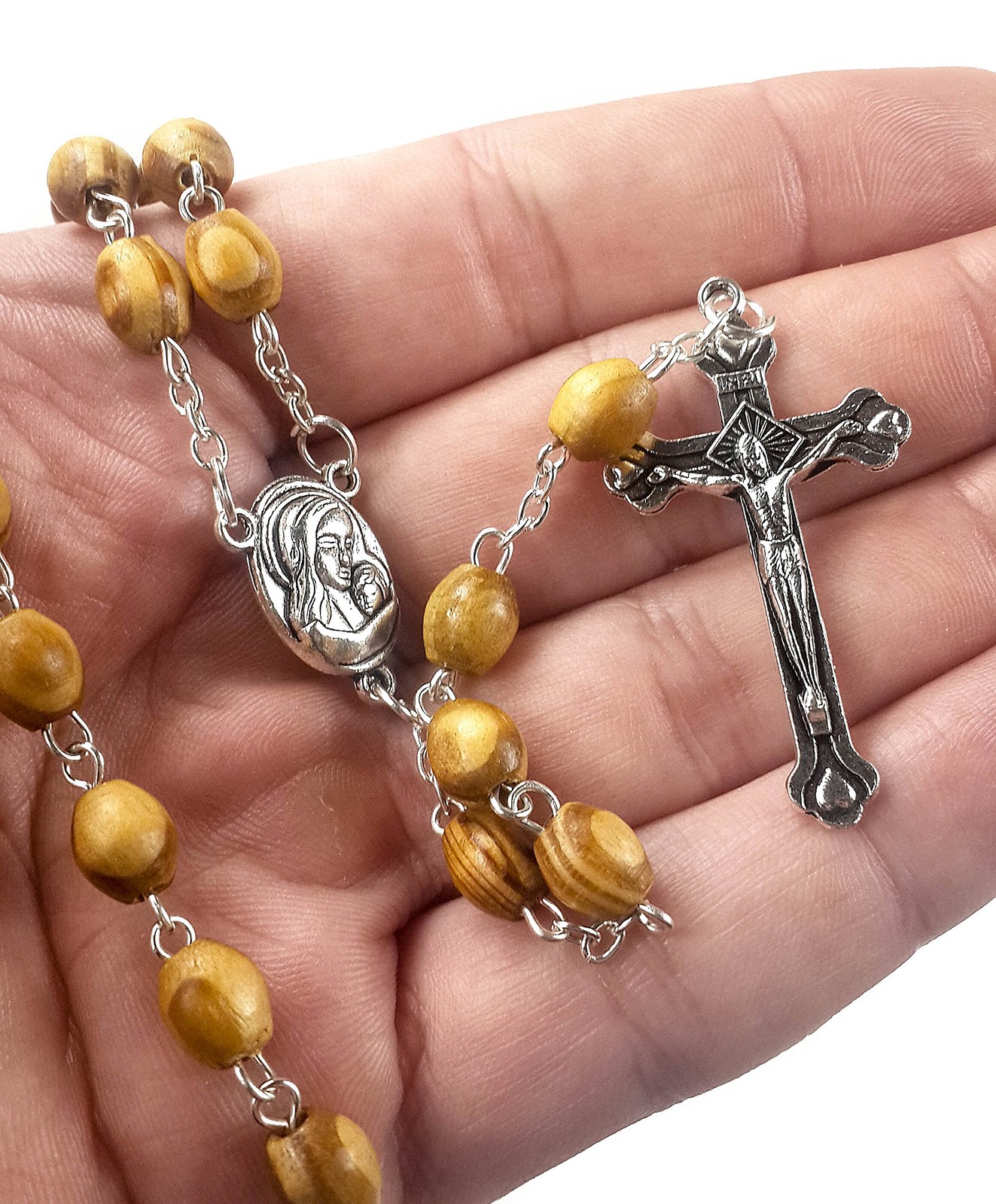 Catholic Rosary Olive Wood Beads Necklace Holy Soil Metal Cross Gift Bag