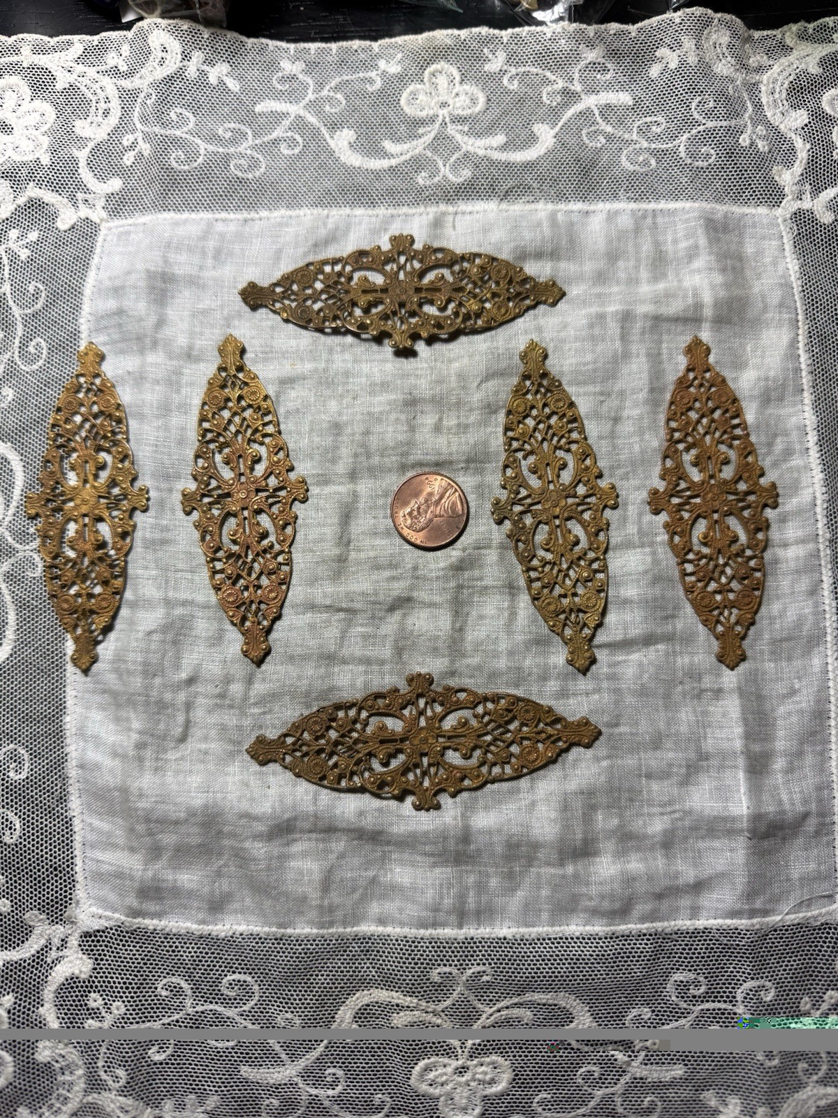 6 Vintage Victorian Raw Brass Oval Appliques / Findings