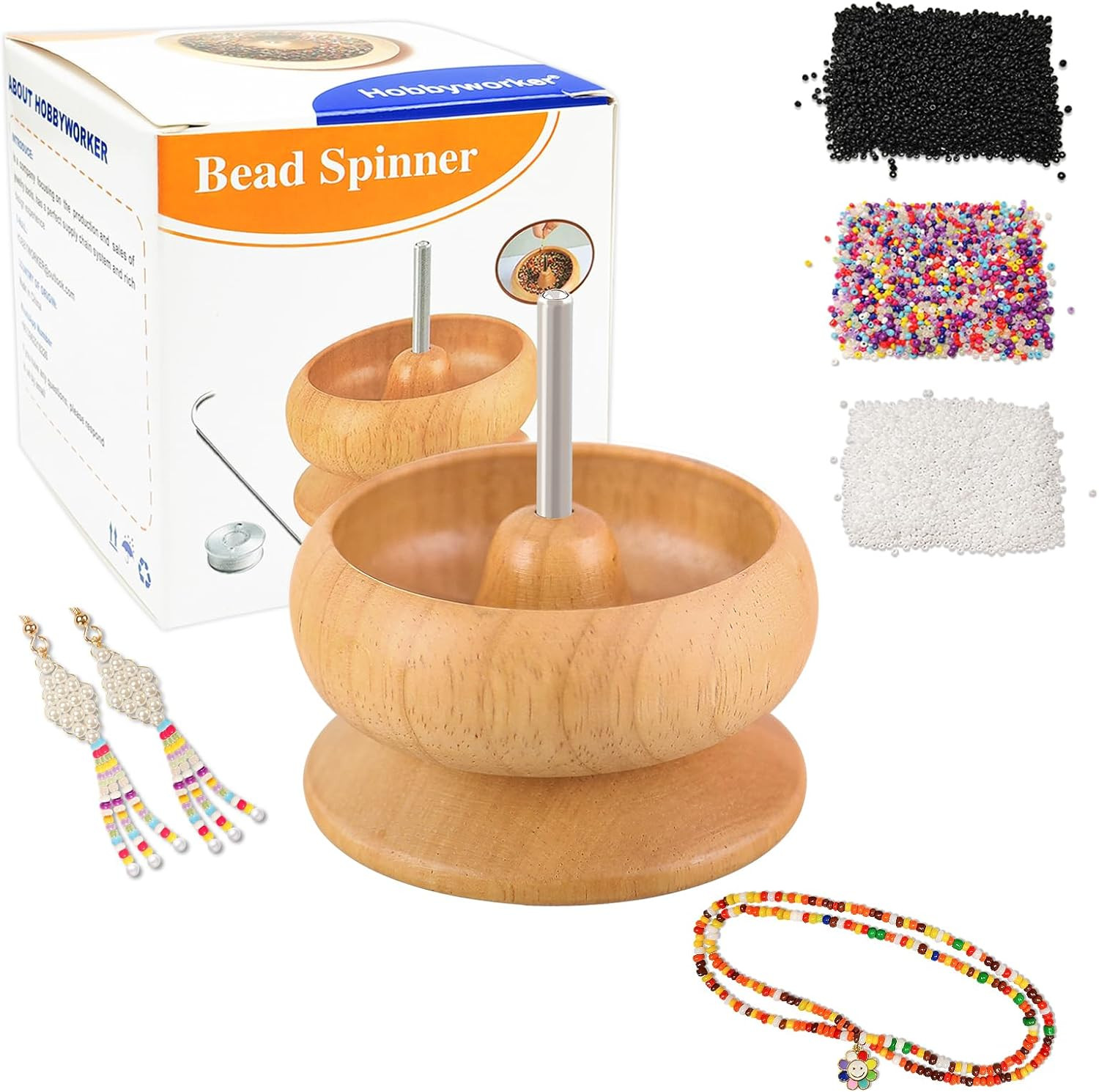 Upgrade Wooden Bead Spinner with 2 Pcs Big Needles,8000 Pcs Seed Beads and 1 Sur