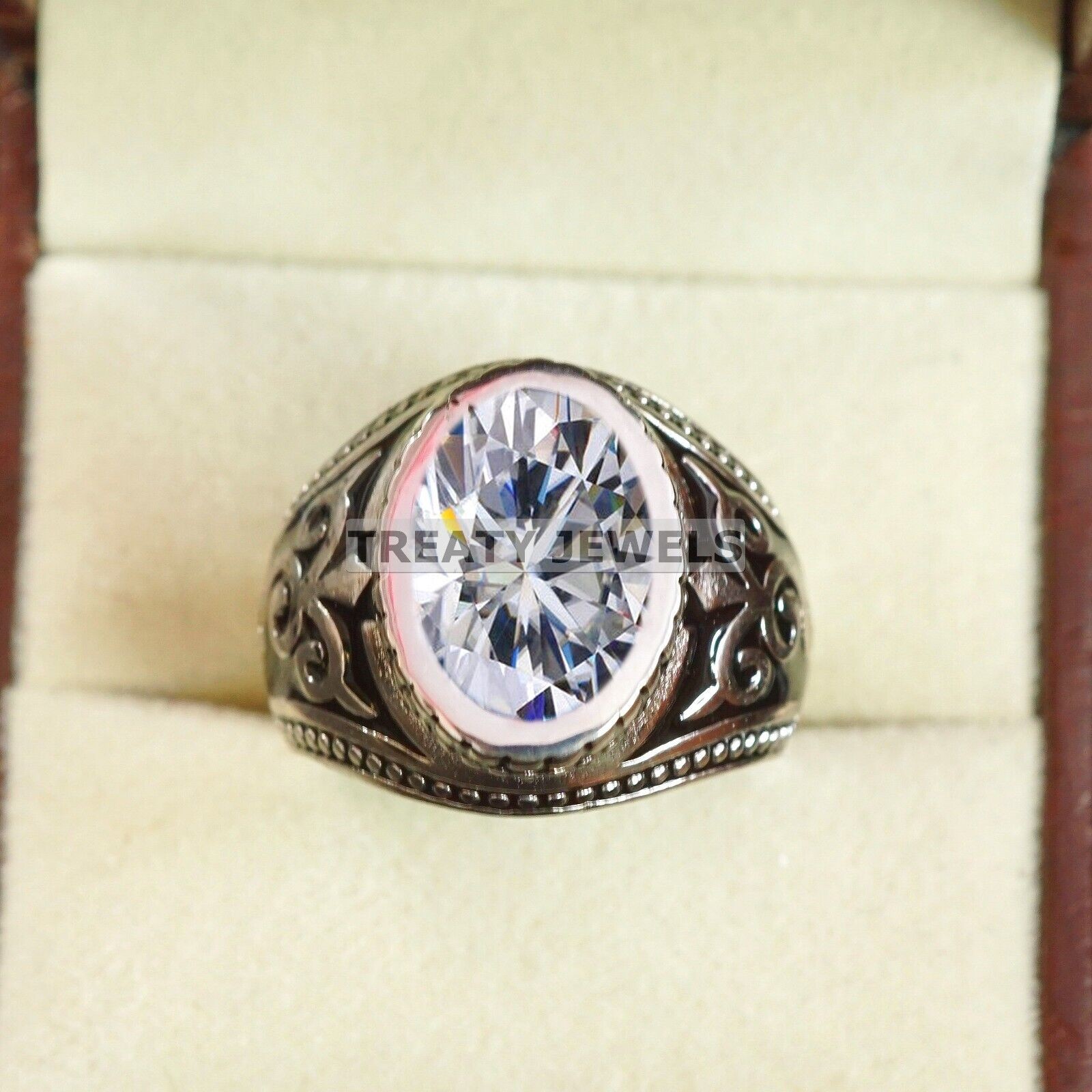 Moissanite Oval Cut Gemstone With Solid 14K White Gold Ring For Men’s #B291 #