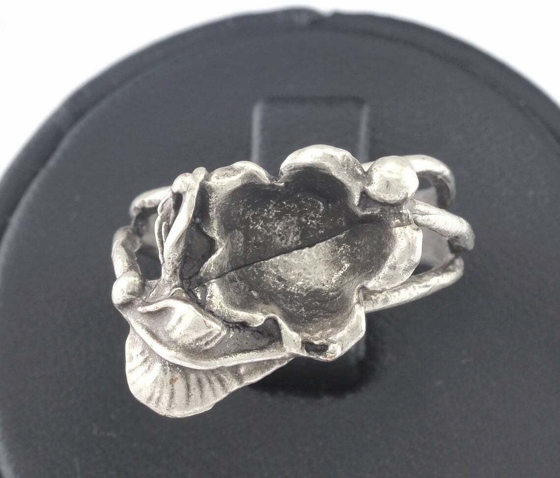 Flower Leaf Adjustable Ring Bezel – Antique Silver Plated brass (17mm 7US) 2986
