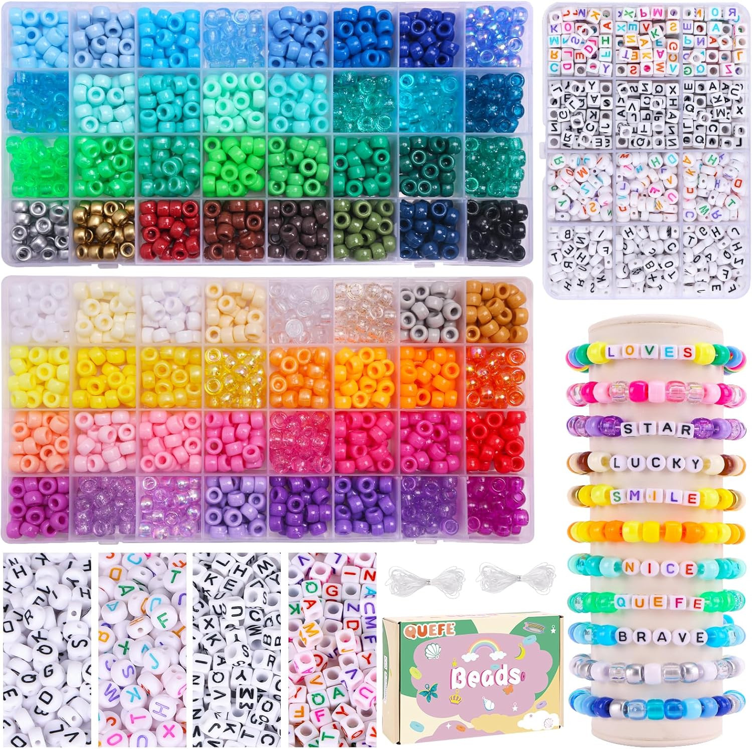 Pony Beads Bracelet Making Kit 64 Colors 2350Pcs Rainbow Letter Beads ElasticSet