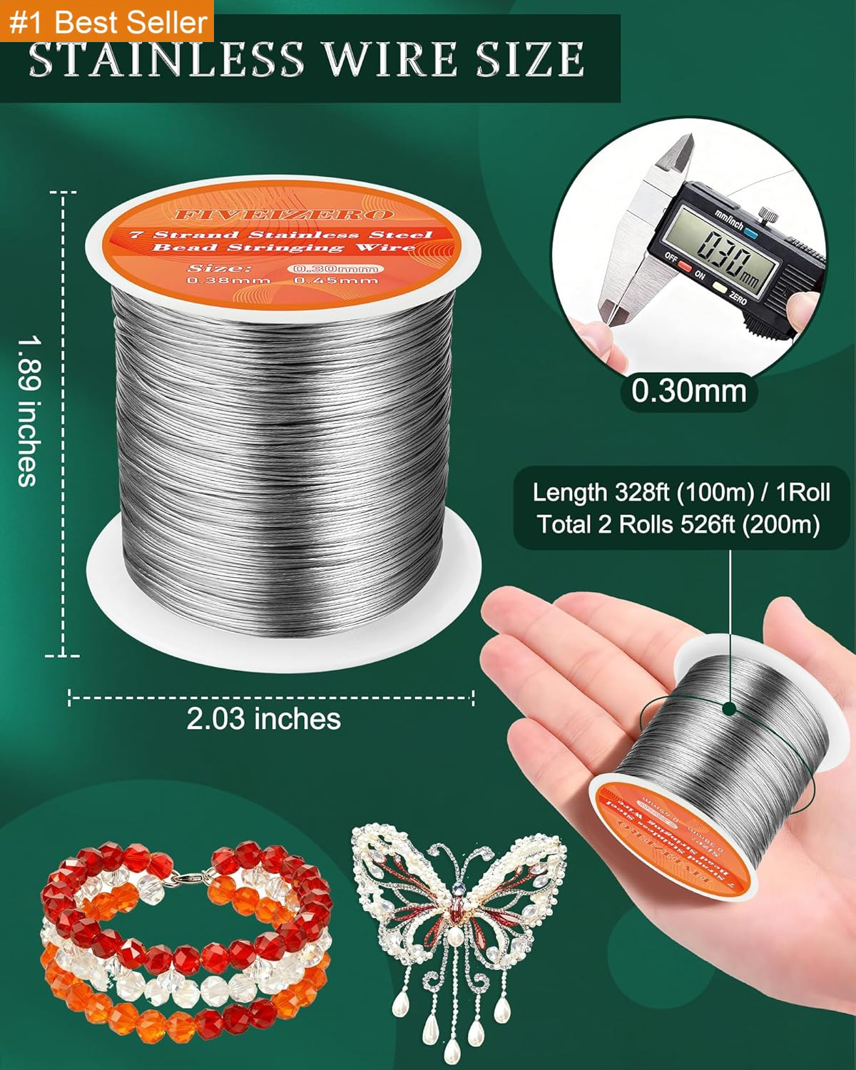 FIVEIZERO 0.3Mm 7 Strand Stainless Steel Beading Wire, 656 Ft 2 Rolls Jewelry Wi