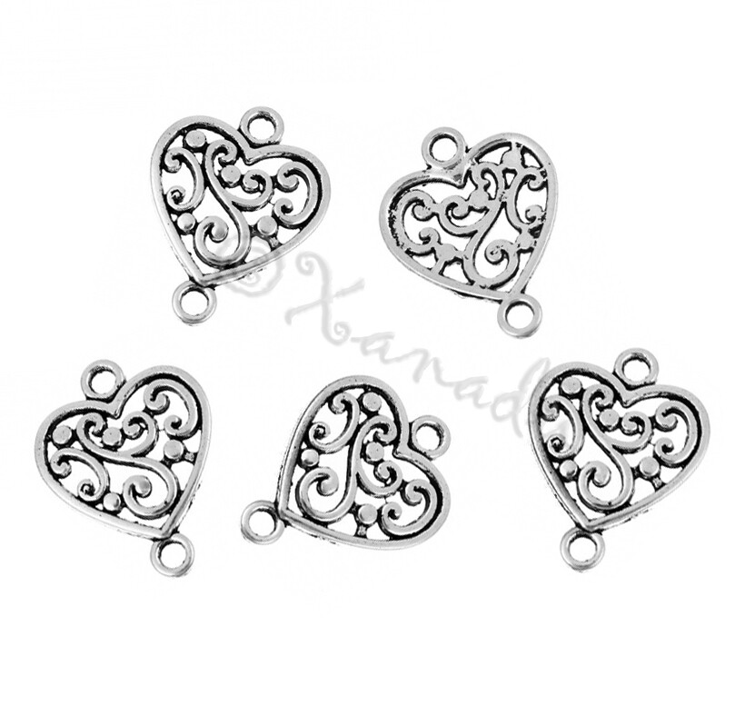 Heart Connector Charms 20mm Antiqued Silver Plated Pendant C5834-10, 20 Or 50PCs