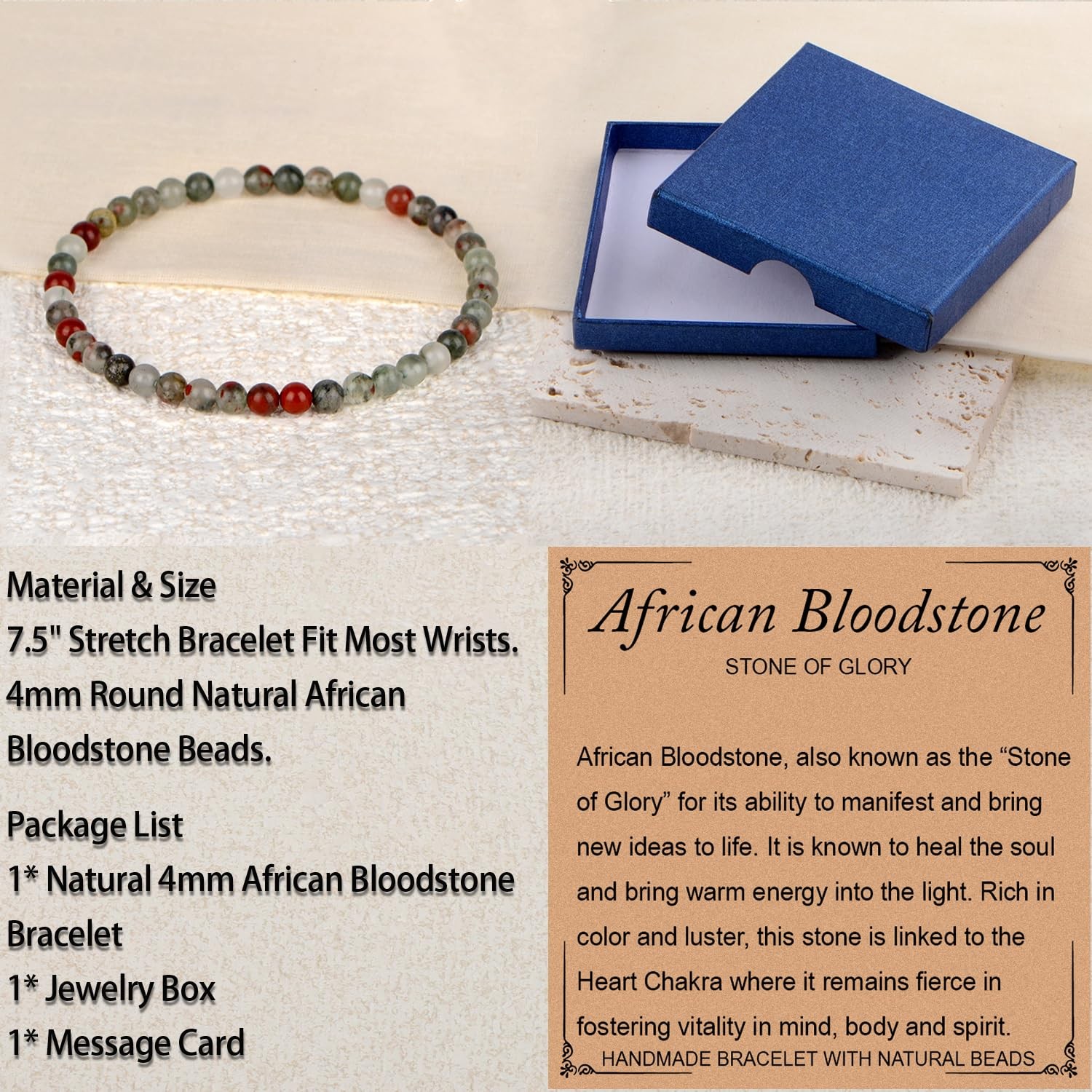 Handmade Natural Gemstone Stretch Elastic 4mm African Bloodstone Bracelet Healin