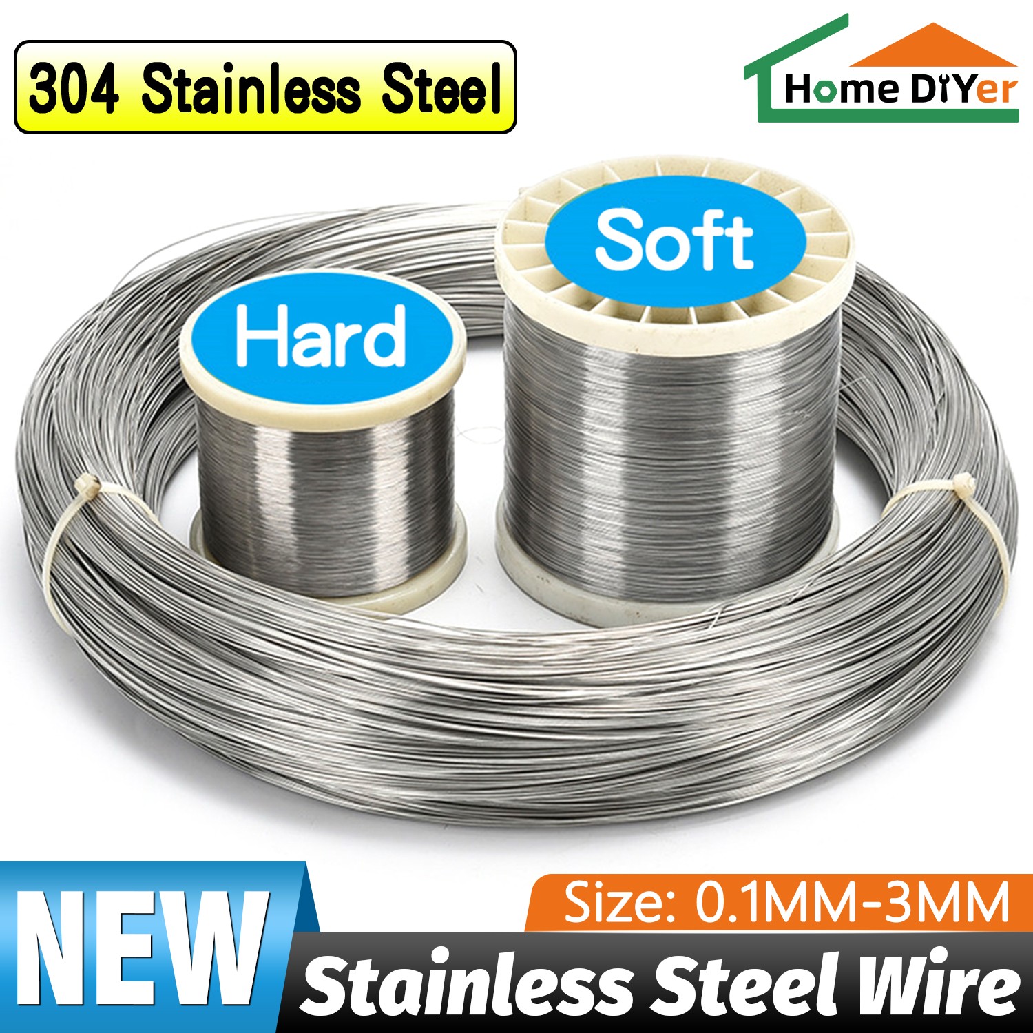 304 Stainless Steel Wire 0.1-3mm Soft/Hard Bendable Resistant Rustproof Durable