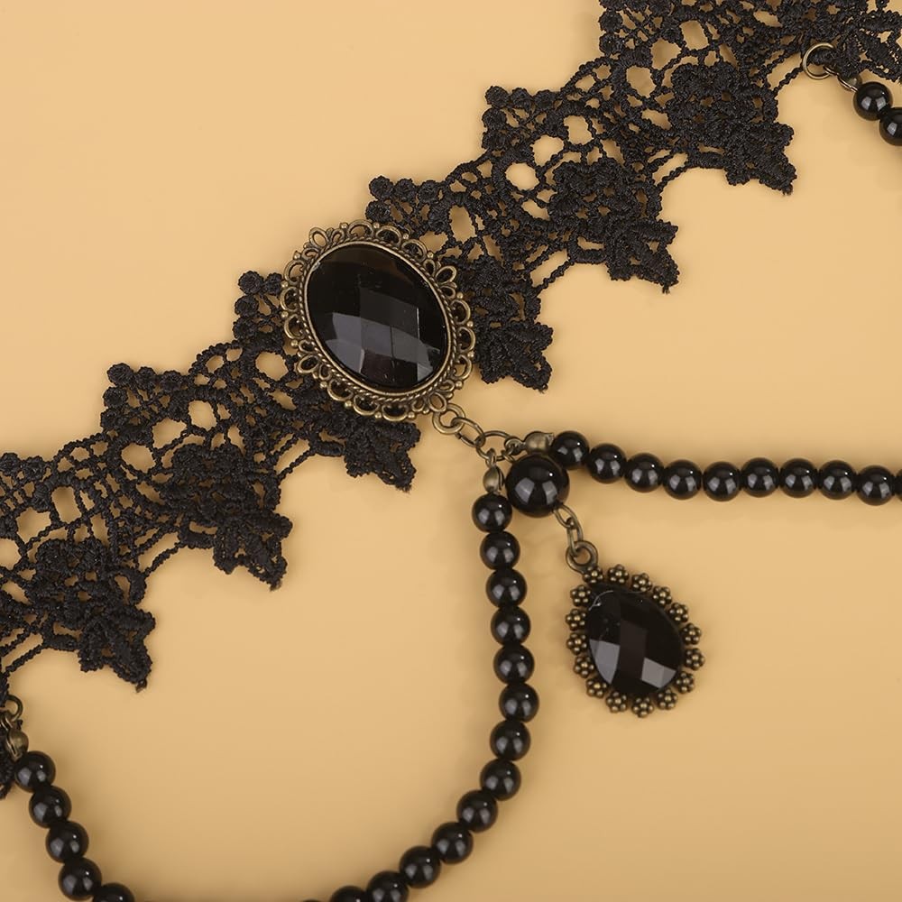 Women Black Halloween Lace Choker Necklace Shinny Tassels Crystal Punk Black Lac
