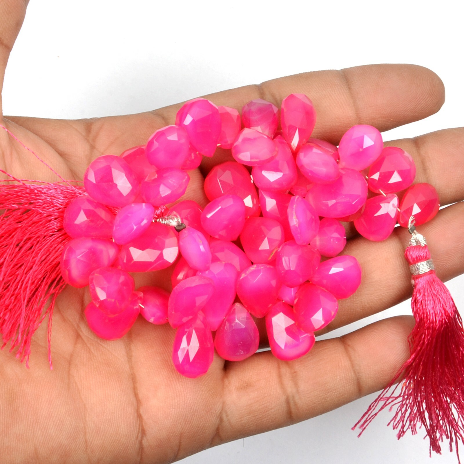 Hot Pink Chalcedony Beads 8 Inch 8X12-11X15 MM 45Pieces Pear Shape Gemstone Bead