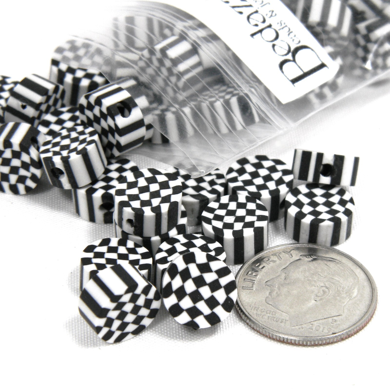 50 Black & White 8mm Round Checkered Flag Coin Beads w/ Gingham Buffalo Pattern