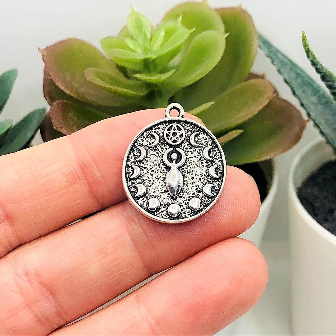 Antique Silver Goddess Pendant Charm with Moon Phases, 20x23mm – US Seller