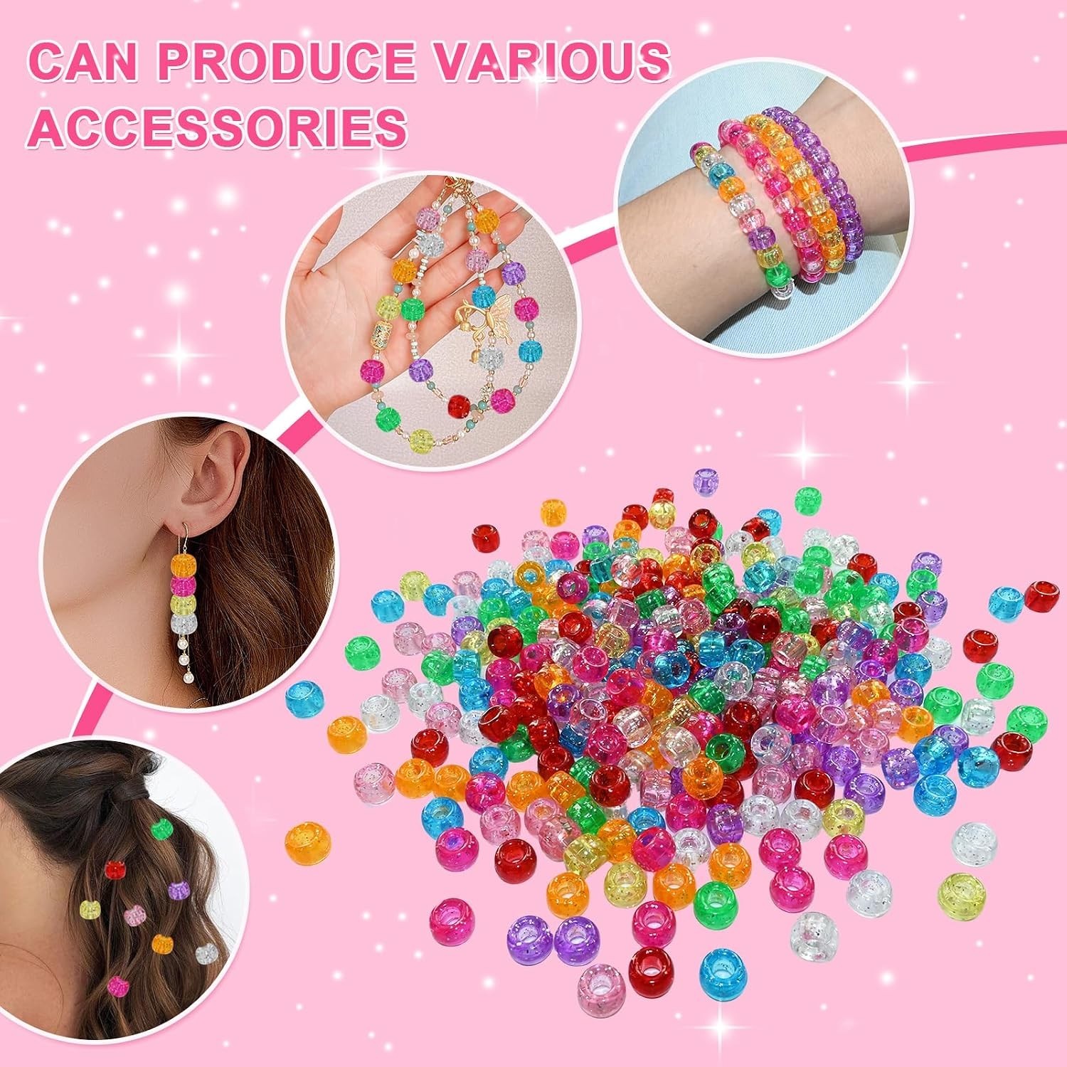 Glitter Pony Beads for DIY: 500 Count 6x9mm Acrylic Beads in Mixed Colors