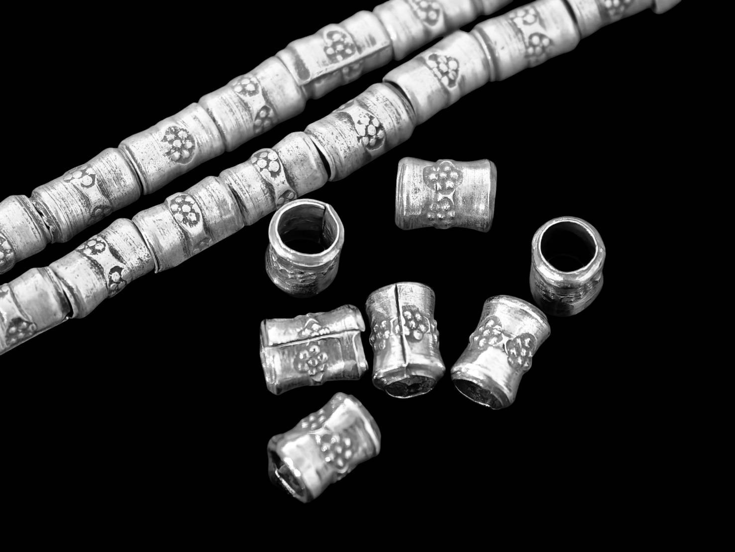 Silver beads Karen hill tribe silver 30 fancy print tube bead