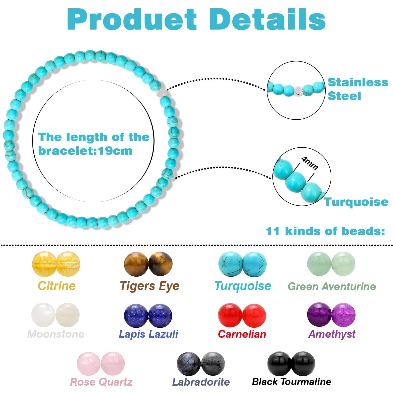 4MM Turquoise Beaded Bracelets Healing Crystal Bracelet for Women Men Natural St
