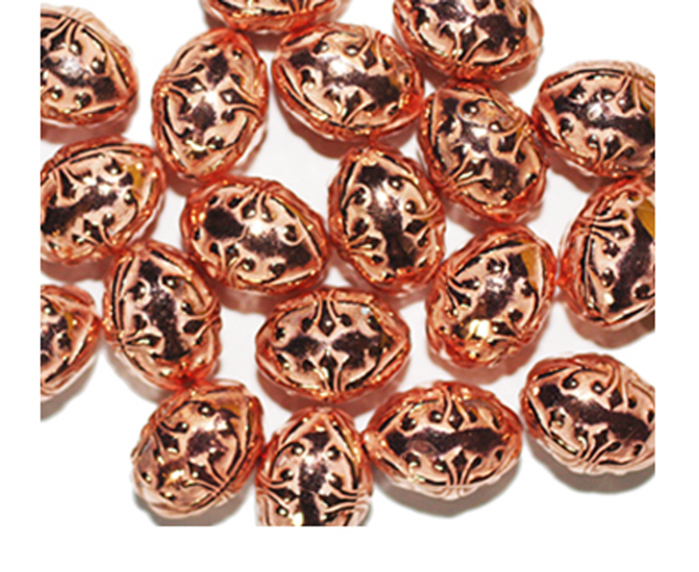 Embossed Floral Fleur Oval 15mm Bright Copper Metalized Metallic Beads