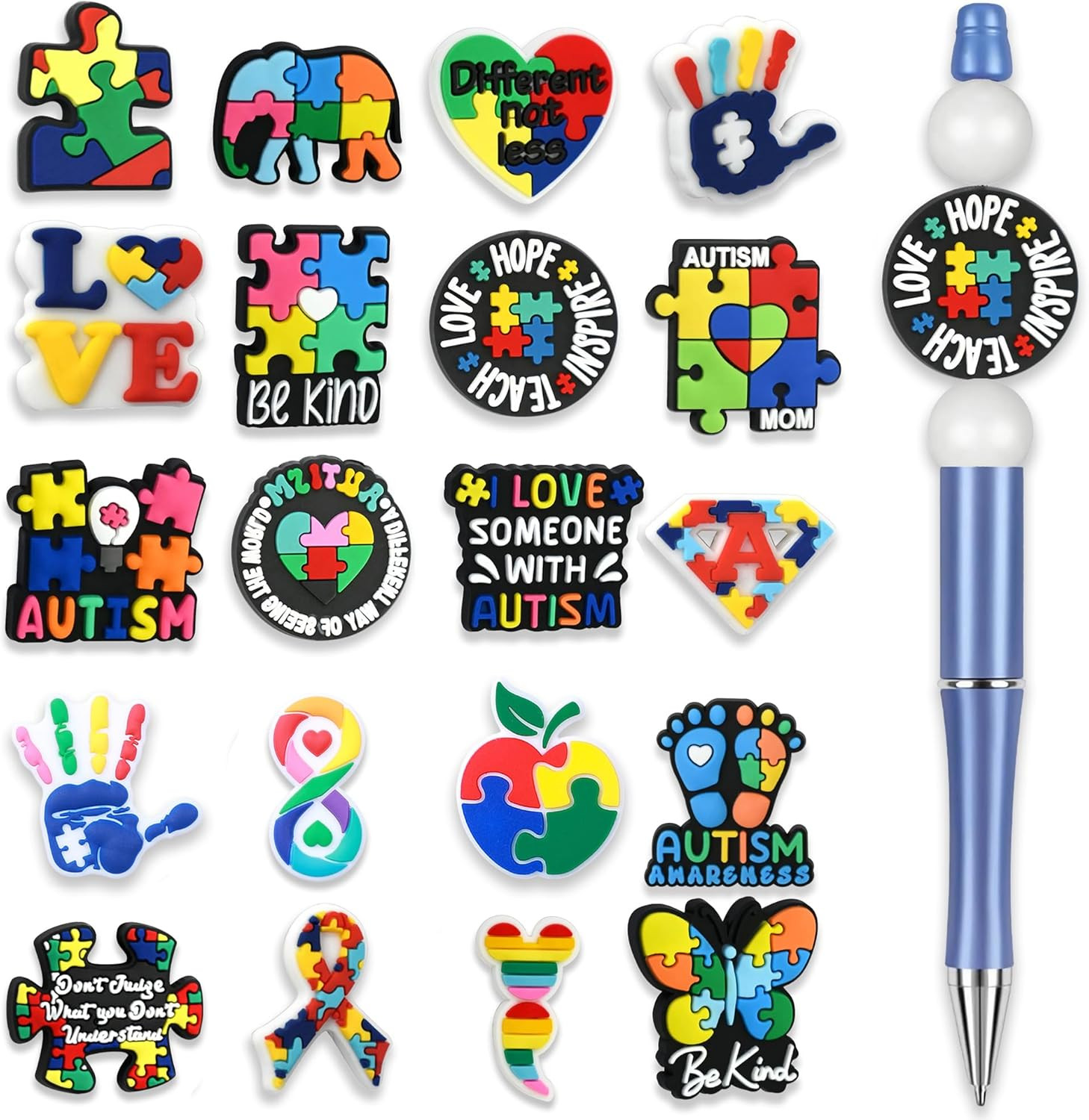 20 PCS Autism Focal Beads, Silicone Focal Beads for Pens Bulk, Focal Bead for Ke