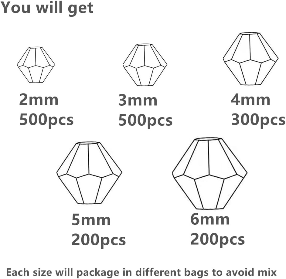 1700Pcs Bicone Crystal Beads 2Mm 3Mm 4Mm 5Mm 6Mm Crystal Glass Bulk Faceted Bead