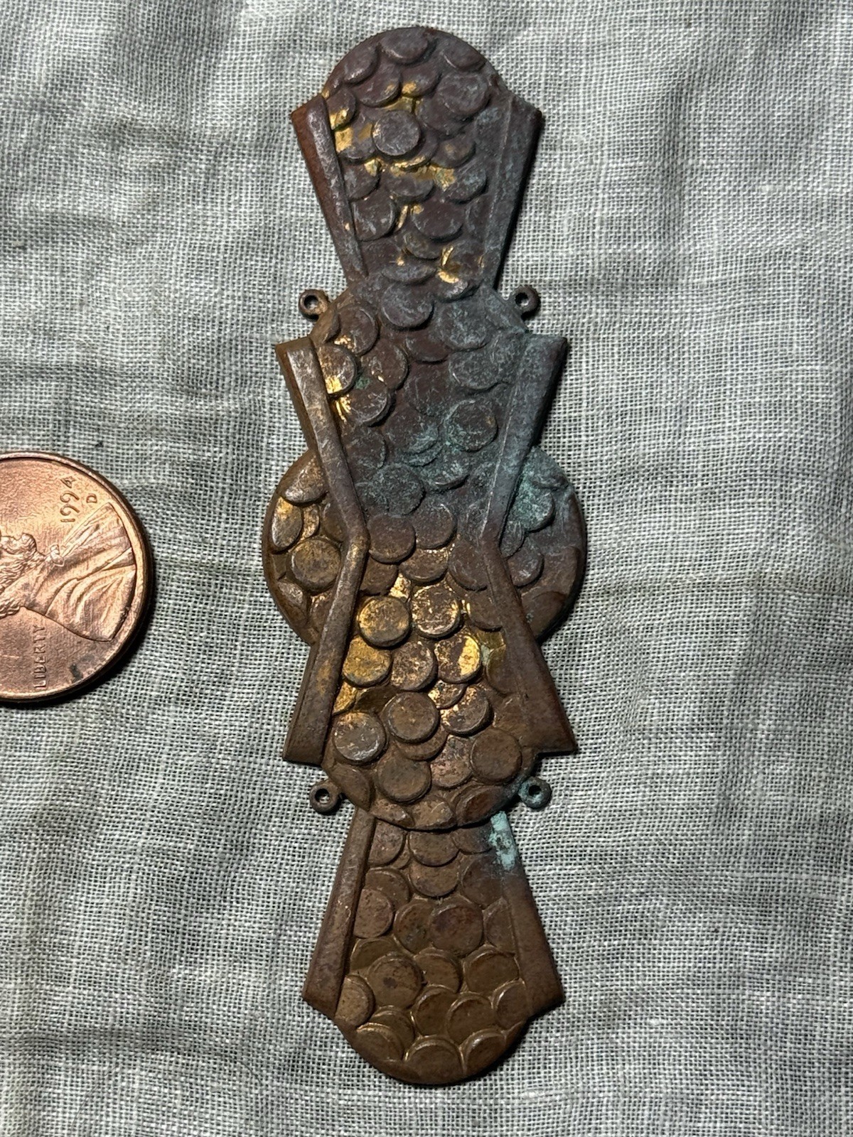 2 Art Deco Textured 4-loop connectors w heavy uneven patina