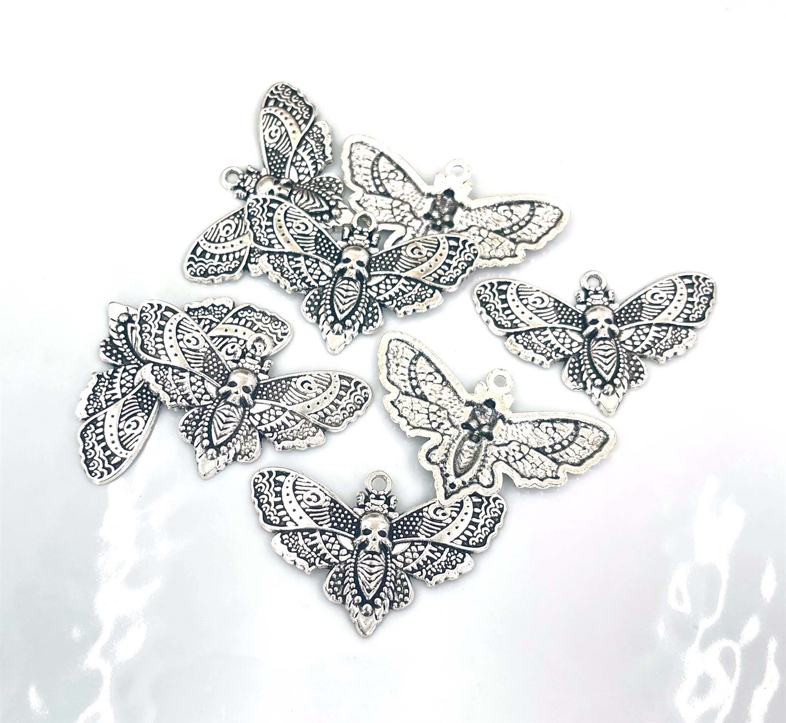 4 Death Head Moth Charms Antique Silver Skull Butterfly Wiccan Bug Pendants