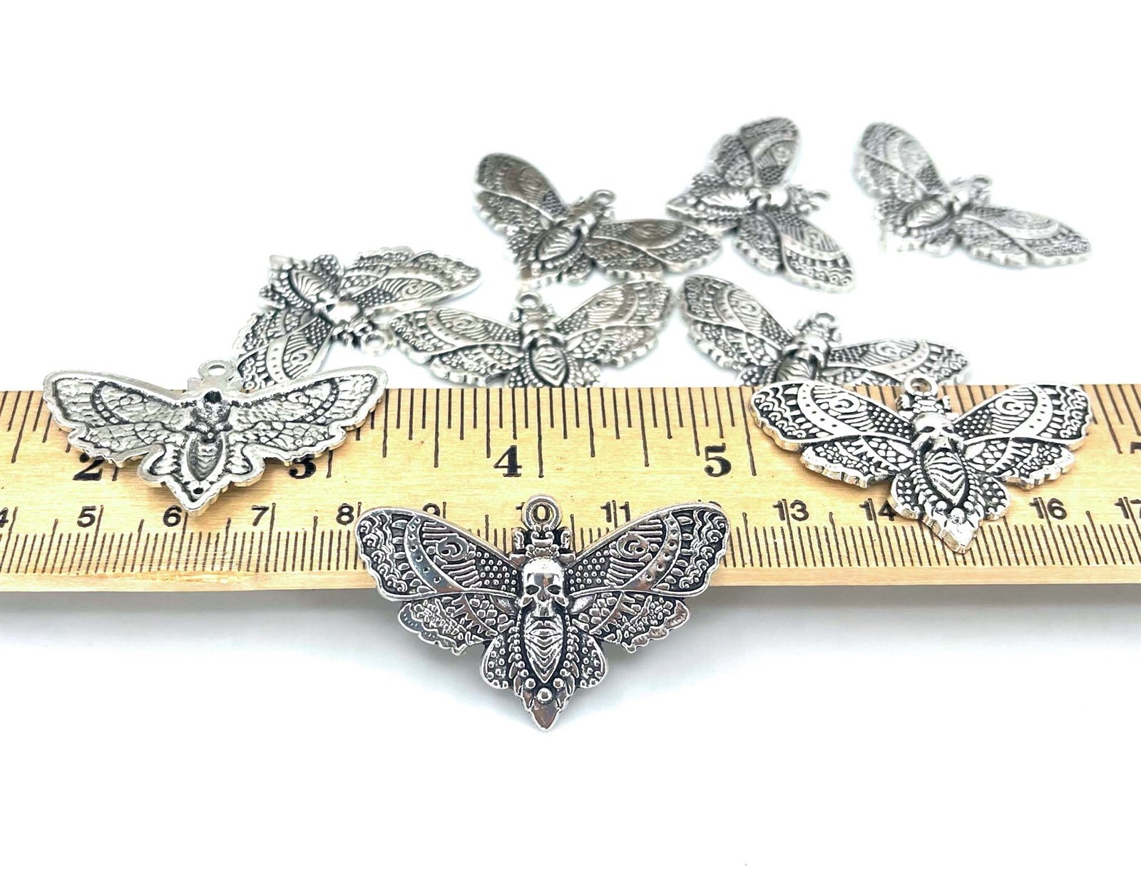 4 Death Head Moth Charms Antique Silver Skull Butterfly Wiccan Bug Pendants