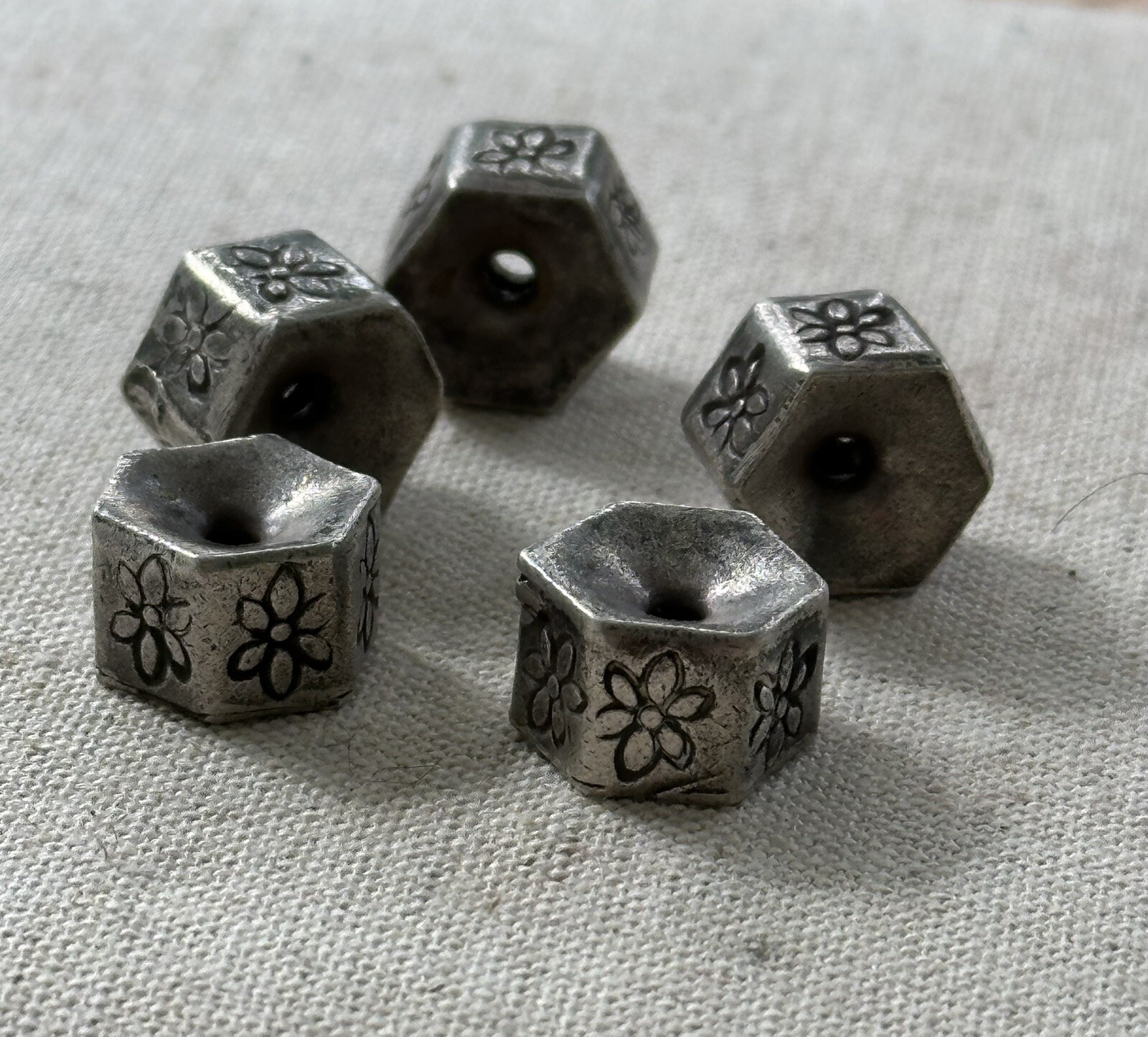 Thai Karen Hill Tribe Silver Bead Artisan Hexagon Floral Stamped Handmade