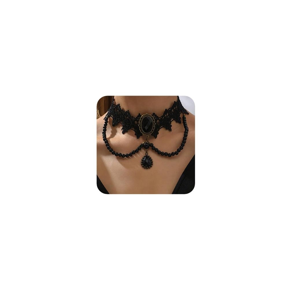 Women Black Halloween Lace Choker Necklace Shinny Tassels Crystal Punk Black Lac