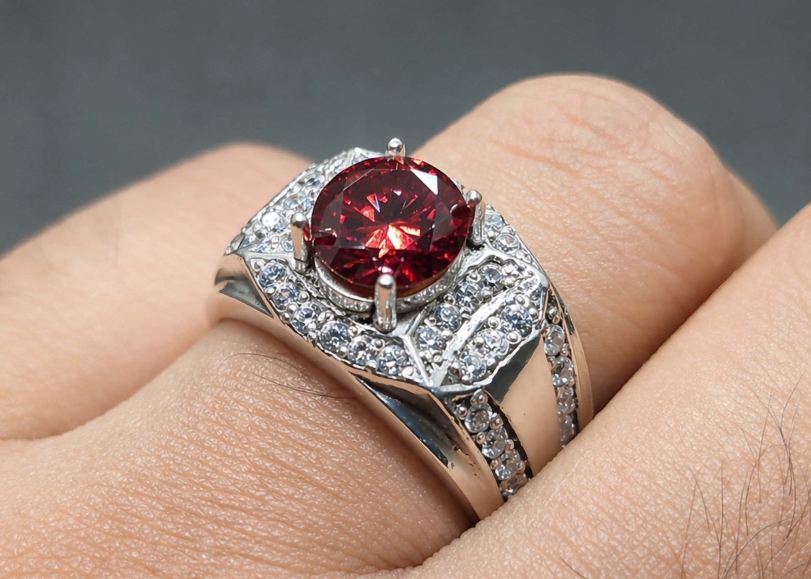Red Moissanite Diamond Sterling Silver 925 Handmade Women Elegant Channel Ring