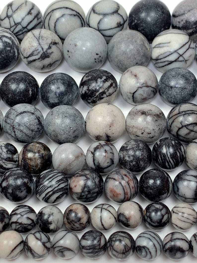 Natural Black Spider Web Stripes Jasper Smooth Round Beads 15.5″ Strand Gemstone