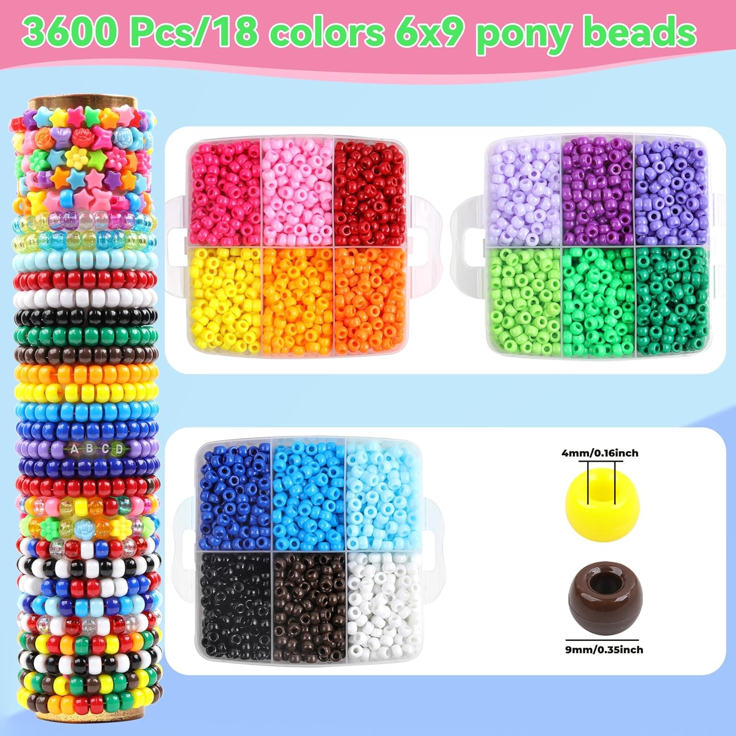 3600 Pony Beads Bulk 6x9mm Colorful Acrylic Beads for Bracelets Crafts