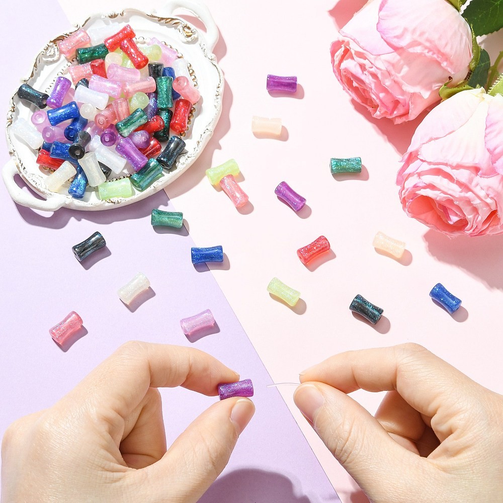 80pcs Tube Resin Beads Bamboo Shape Glitter Powder for Bracelet Necklace Jewelry