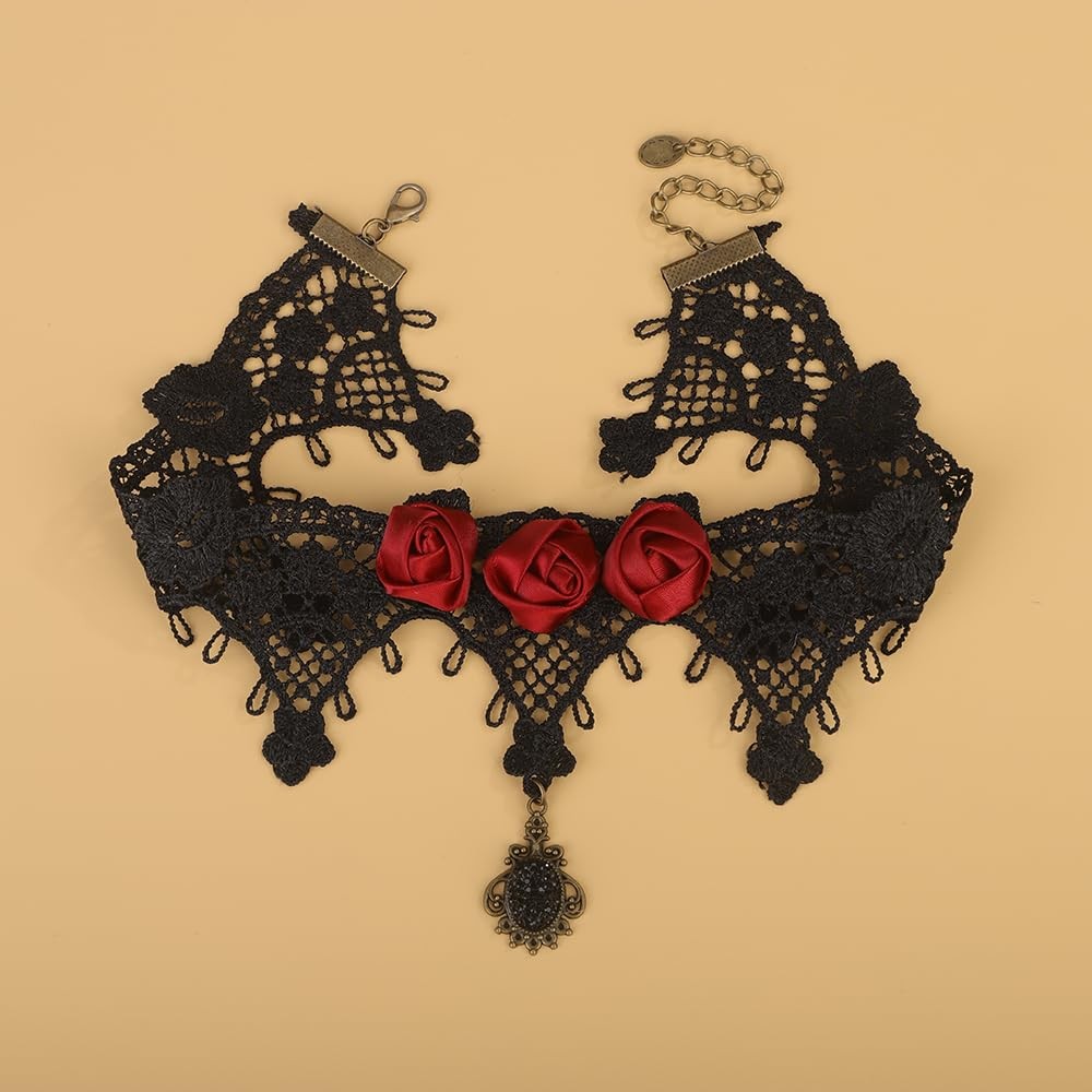 Dainty Vintage Red Flower Halloween Tassels Lace Choker Necklace Black Shinny Cr