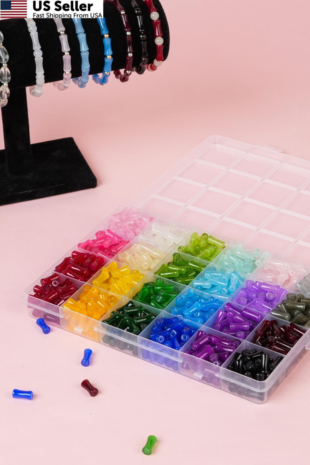 REVKI 6 * 12mm Glass Beads Bracelet Making Kit,600pcs 24 Colors Rice Style 1