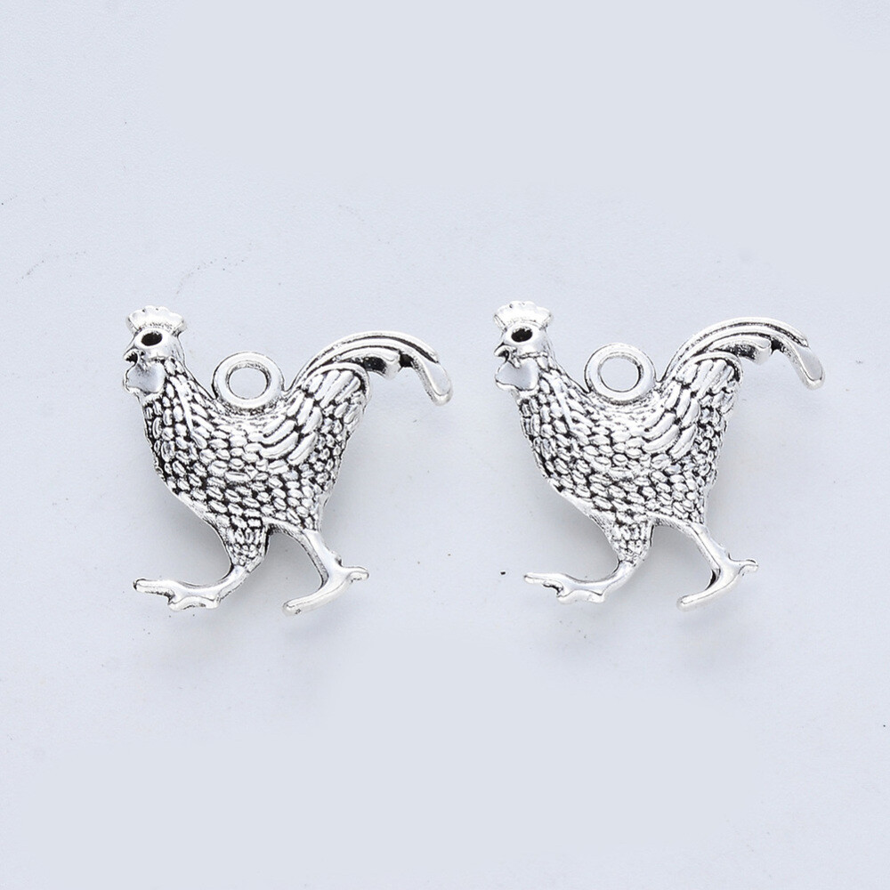 4 Rooster Charms Chicken Pendants Antiqued Silver Farm Animal Pendants 2 Sided