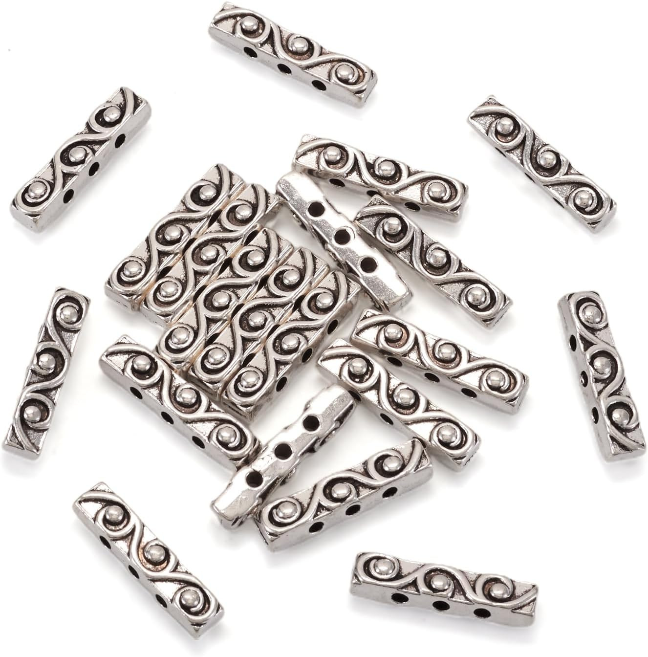 Pandahall 20Pcs Tibetan Style Antique Silver Alloy 3 Holes Rectangle Spacer Bar