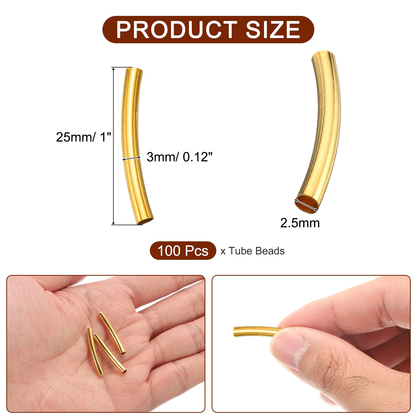100 Pcs Tube Beads, 3x25mm Curved Noodle Beads for Jewelry Making, Gold
