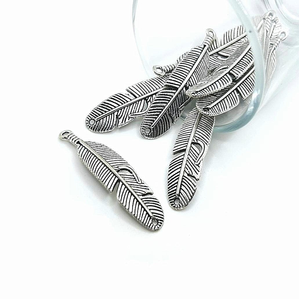 Silver Feather Connector Charms, 45x11mm – US Seller