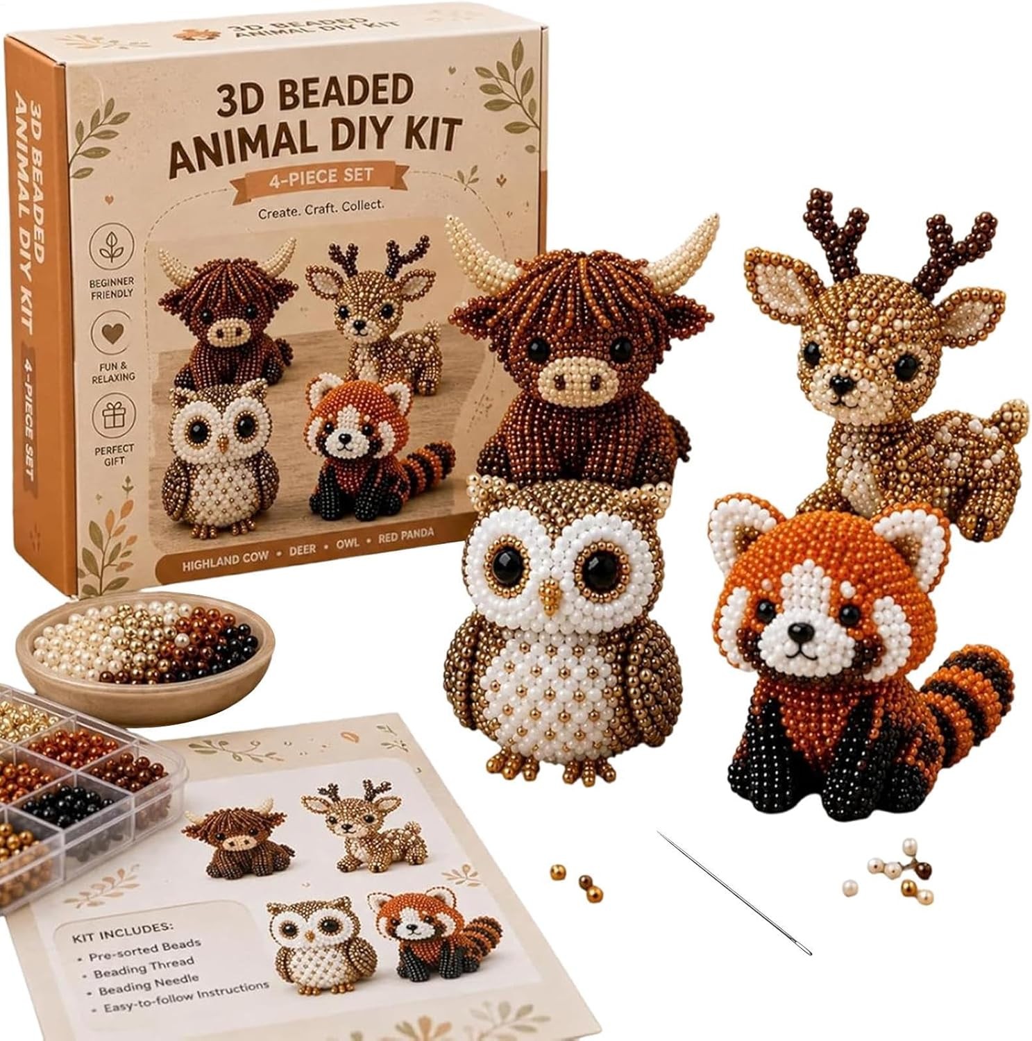 3D Beaded Animal/Bird DIY Kit, Handmade Beadwork Art Craft Set with Instructions