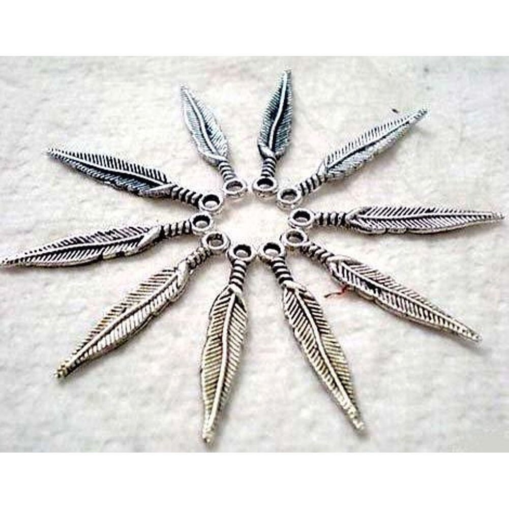 6 pieces New FEATHER Charm Tibetan Silver Alloy Large 28 x 5 mm FREE SHIPPING!