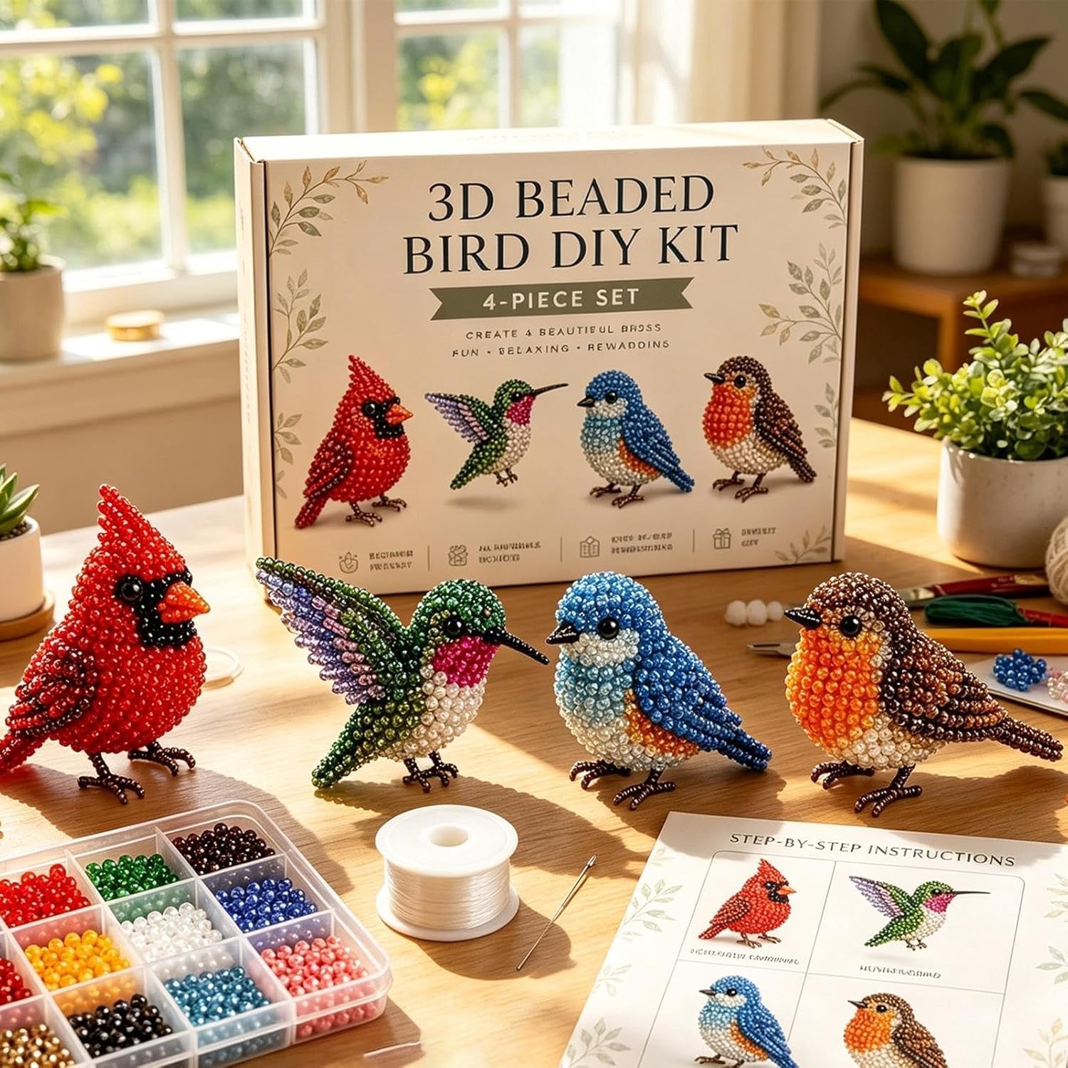 3D Beaded Animal/Bird DIY Kit, Handmade Beadwork Art Craft Set with Instructions