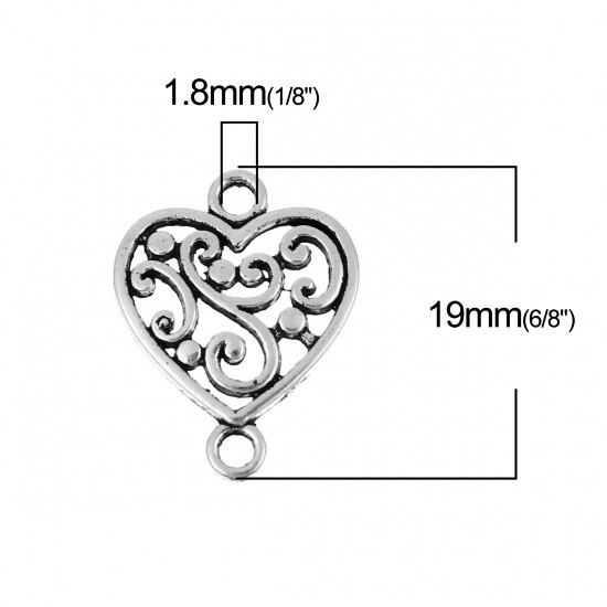 Heart Connector Charms 20mm Antiqued Silver Plated Pendant C5834-10, 20 Or 50PCs