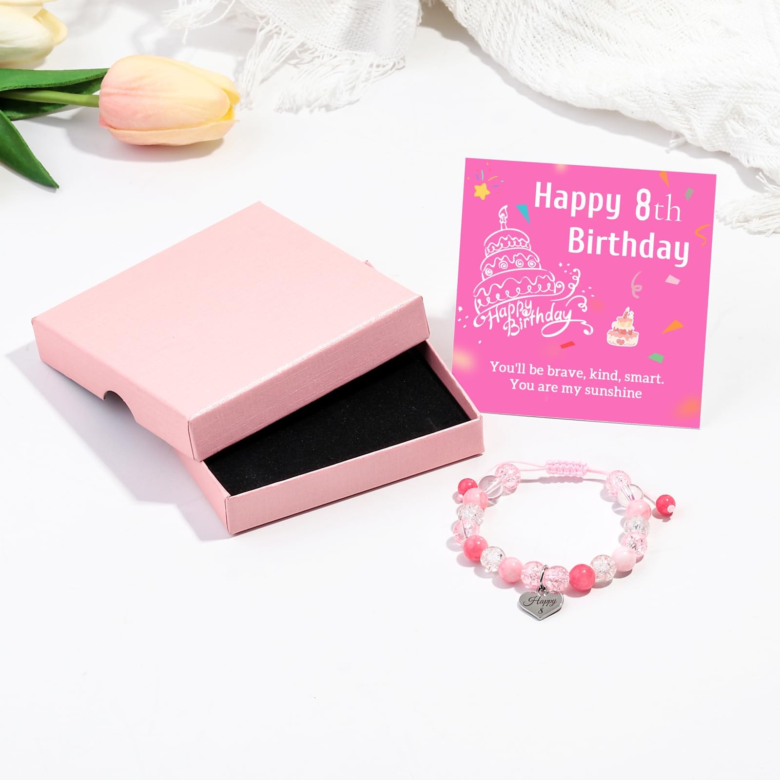 Birthday Bracelets Gifts for 1 2 3 4 5 6 7 8 Year Old Girls, Pink and white crys