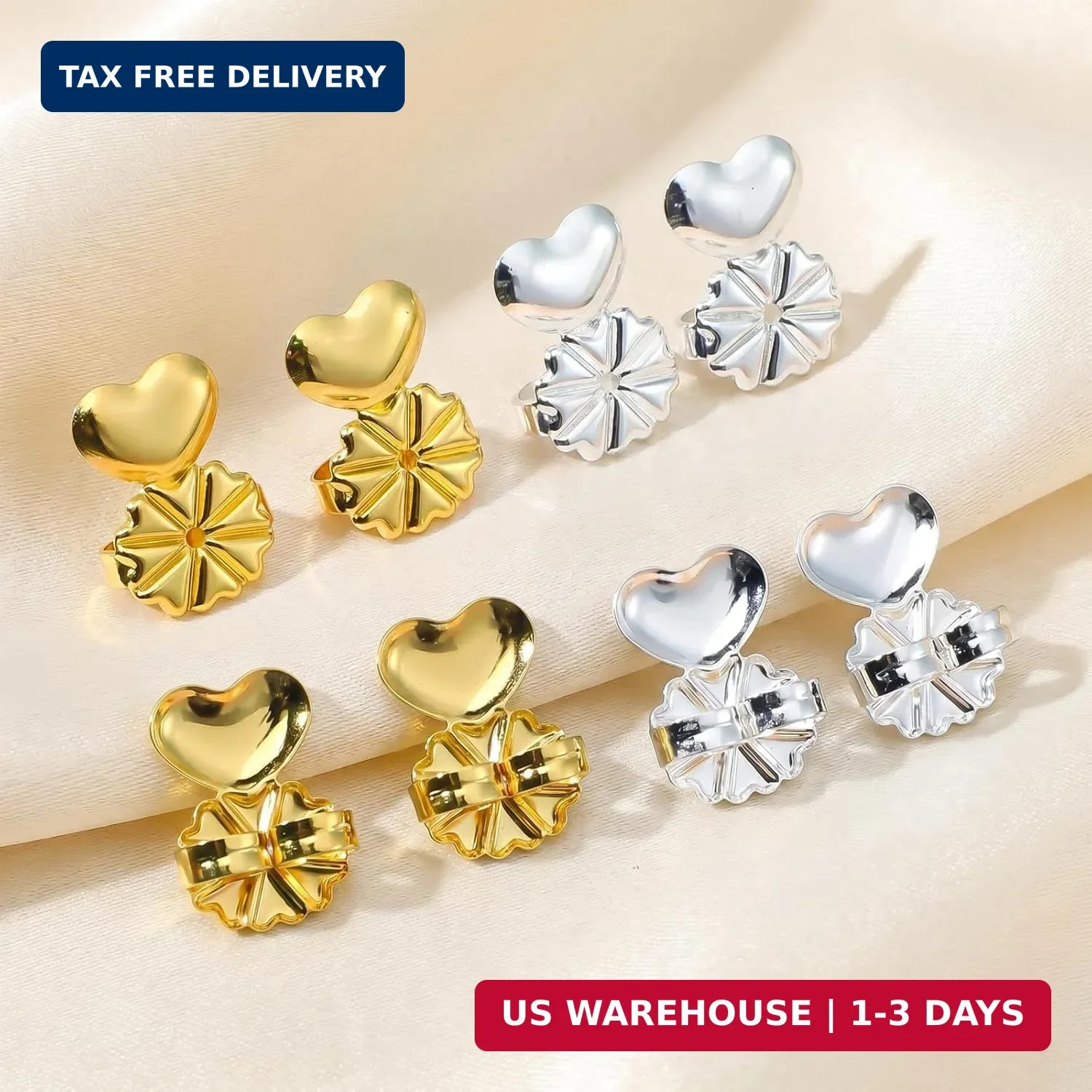4 Pairs Earring Backs for Droopy Ears, Large Backing Studs | Earring Lifter for