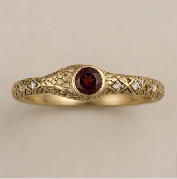 Vintage Gold Serpent Ring: Garnet & Moissanite Halloween Jewelry, 18k Gold Snack