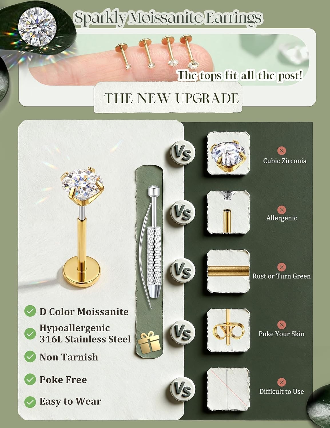 4 Pairs Moissanite Flat Back Earrings Hypoallergenic-Threadless Push in Nose …